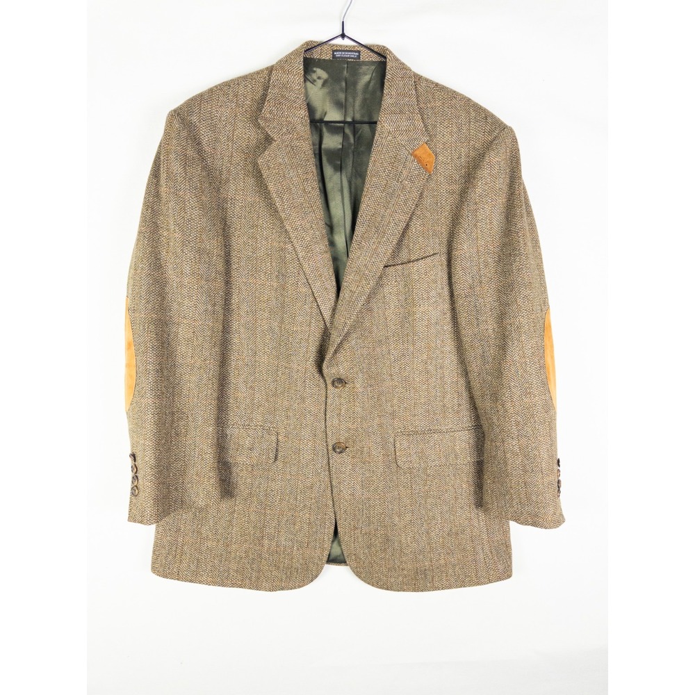 Oscar de la Renta Tweed Sport Coat Herringbone Brown Suede Elbow Patch Mens 42R